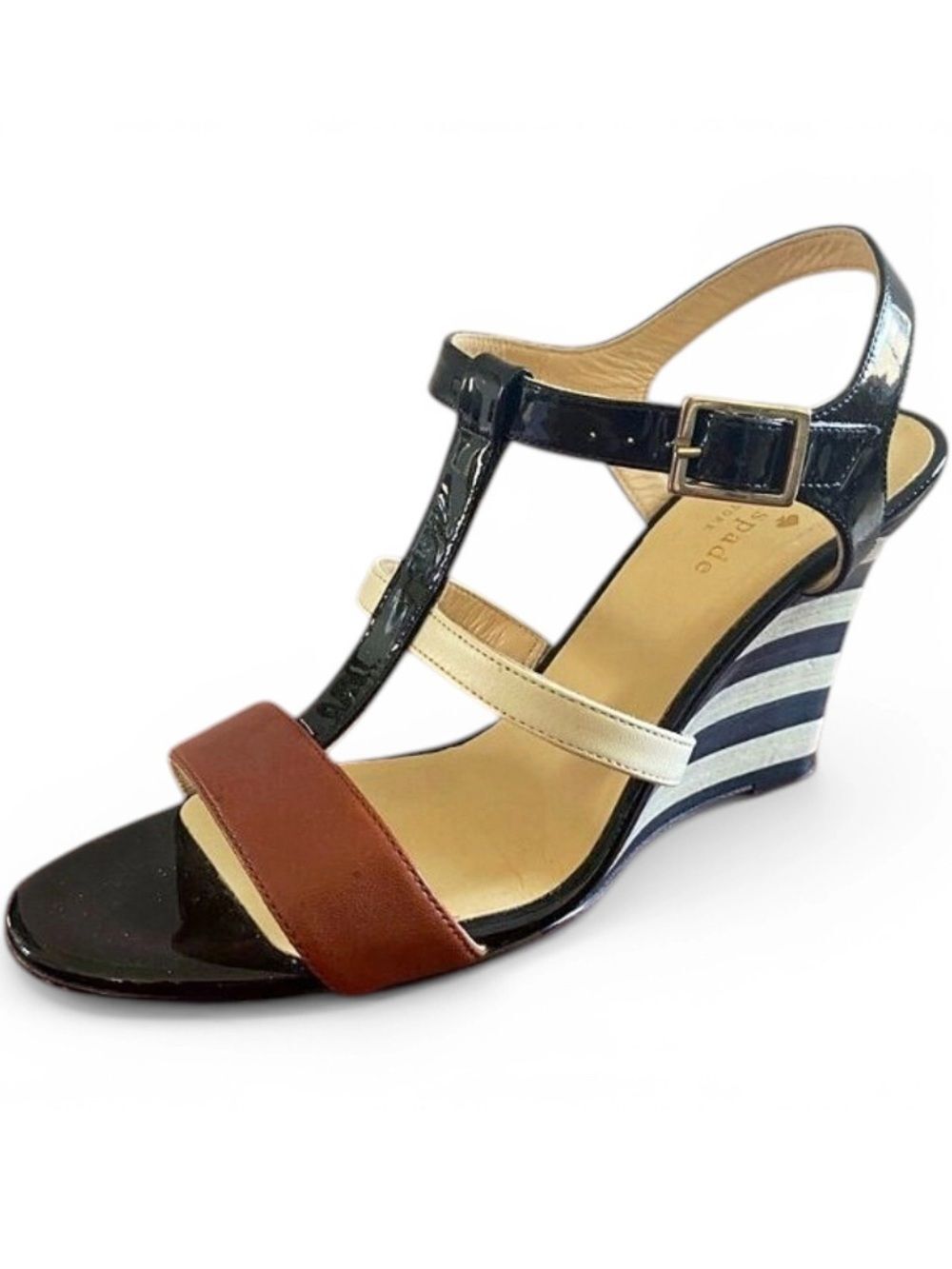 🛍️Kate Spade Irina Black, White & Brown Striped Wedge Sandals